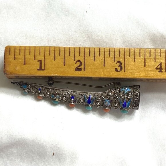 Antique Chinese Brooch Finger Nail Guard Pin Turquoise Coral Silver Mesh Asian - Picture 12 of 13